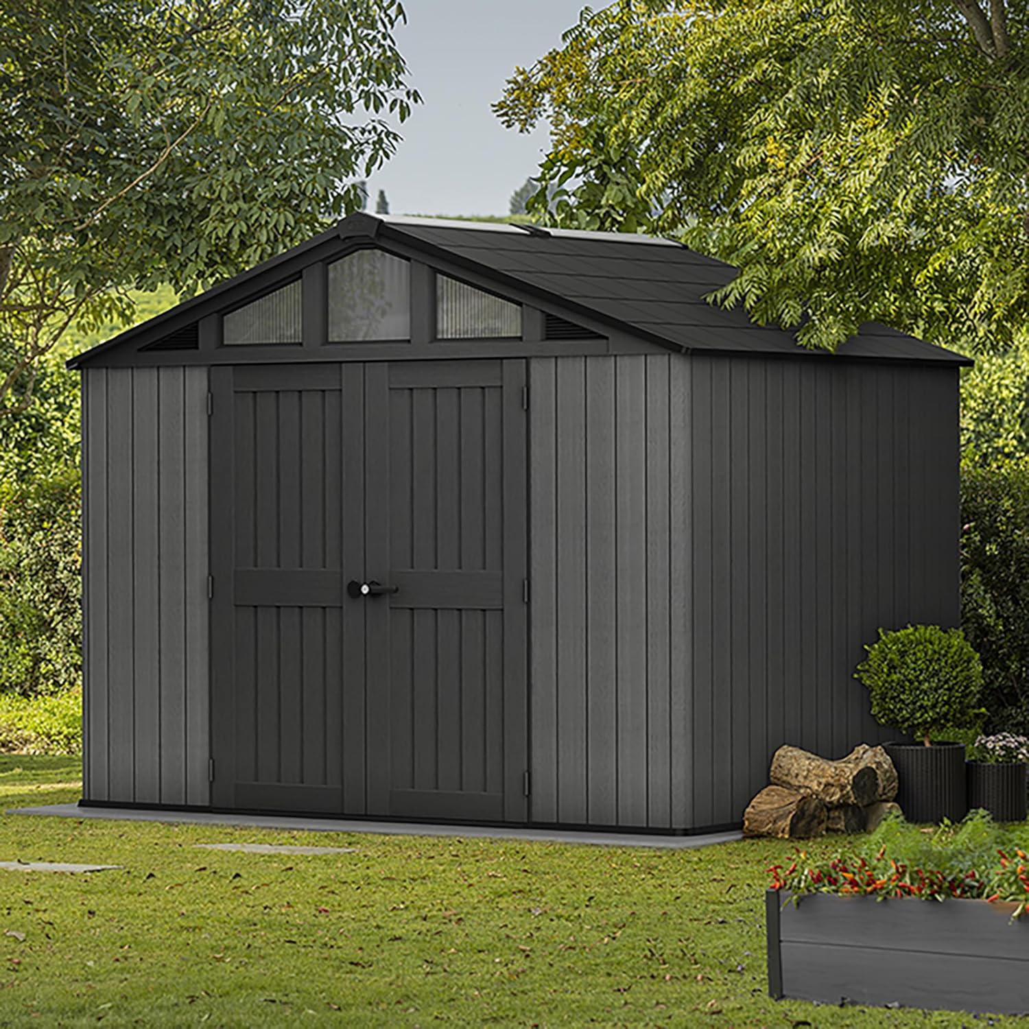 Pakevo™ | 10x15ft Stronghold Outdoor Storage Shed — Wood-Effect, Weatherproof & Steel-Reinforced