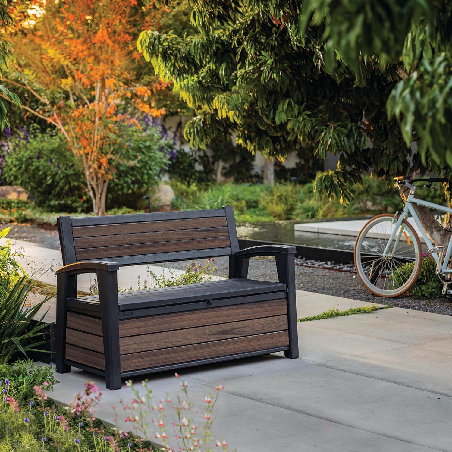 Pakevo™ | 227L Outdoor Storage Bench — Seats 2, Wood-Look Resin, All-Weather
