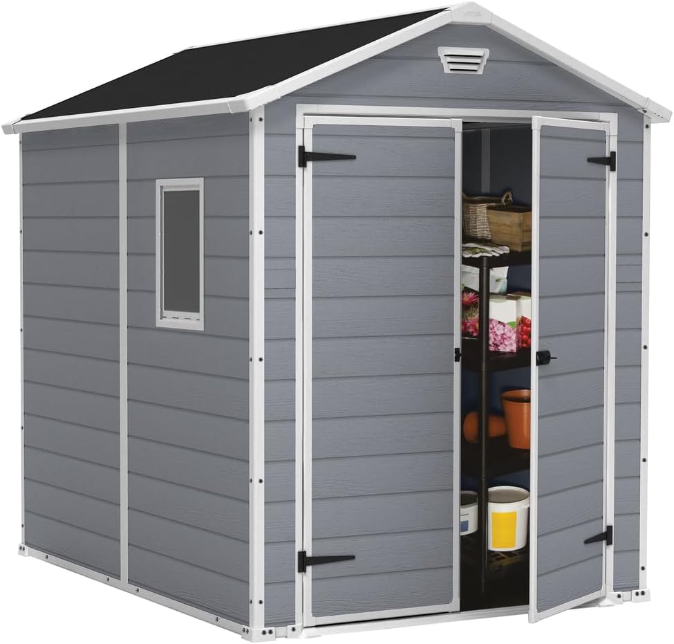 Pakevo™ | 6x5ft Outdoor Plastic Garden Storage Shed — Weatherproof Grey Garden Shed