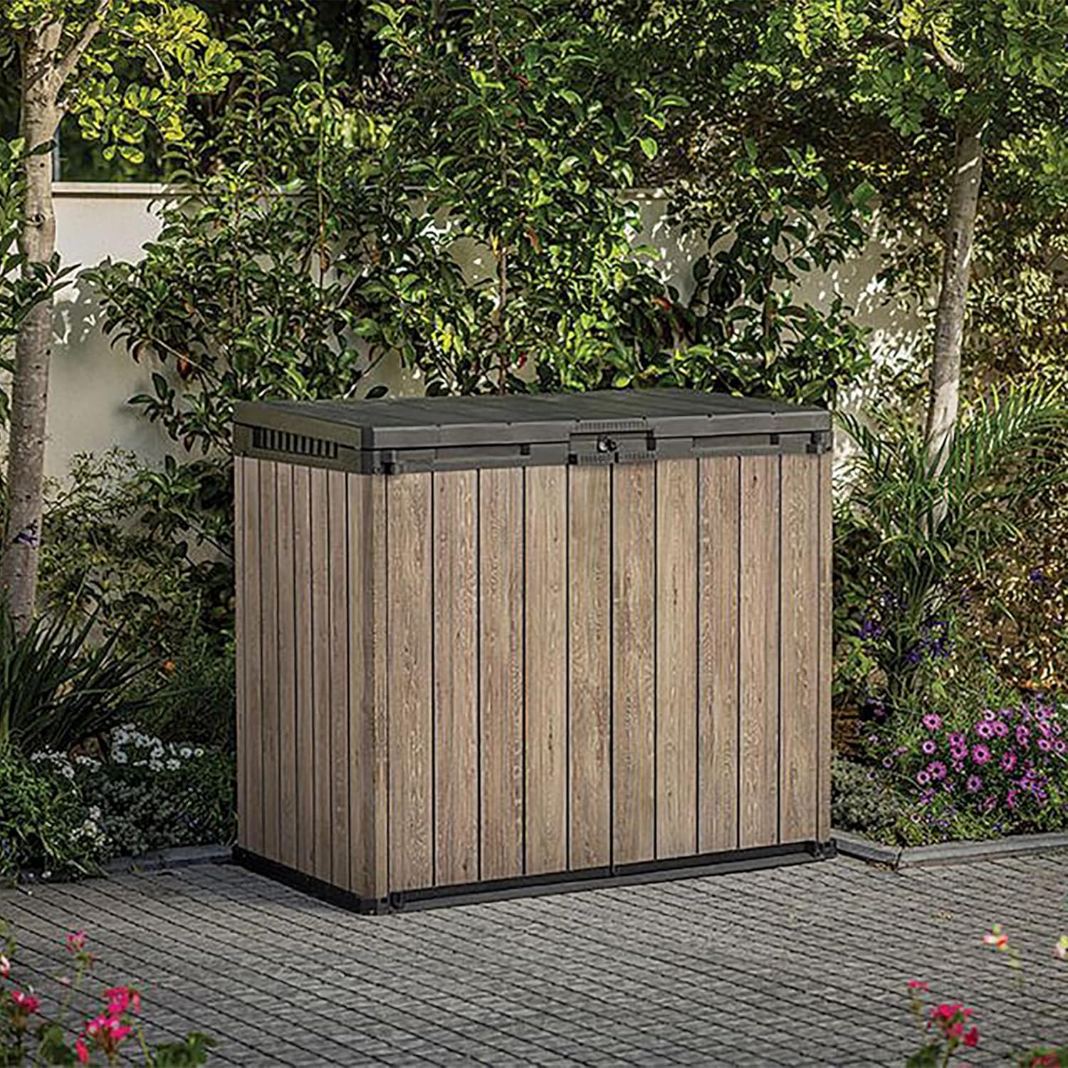 Pakevo™ | 1150L Outdoor Garden Storage Box — Lockable Weatherproof Resin Storage for Tools, Bins & BBQ
