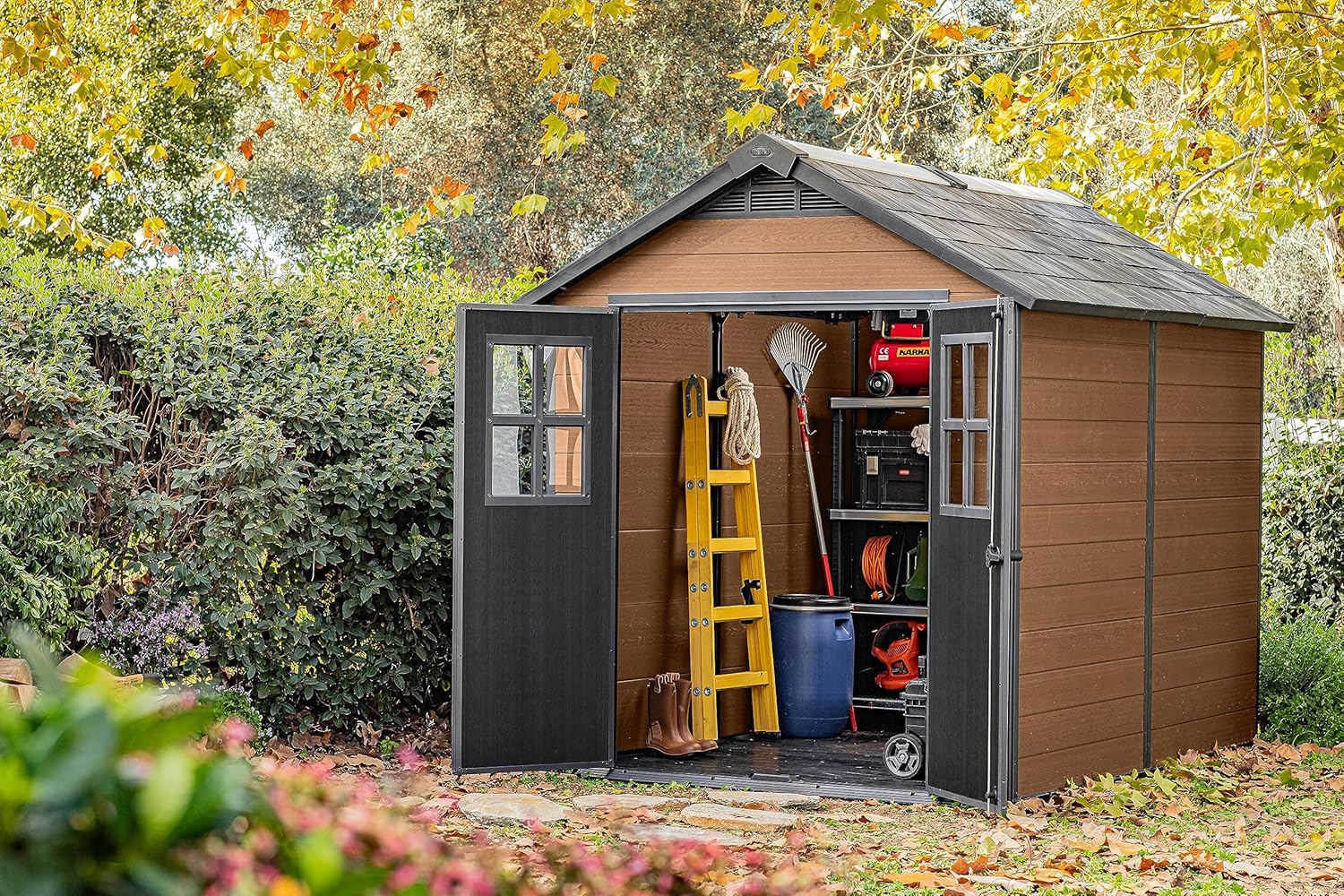 Pakevo™ | 7.5x9ft Newton Garden Shed — Brown Wood-Effect Resin Outdoor Shed